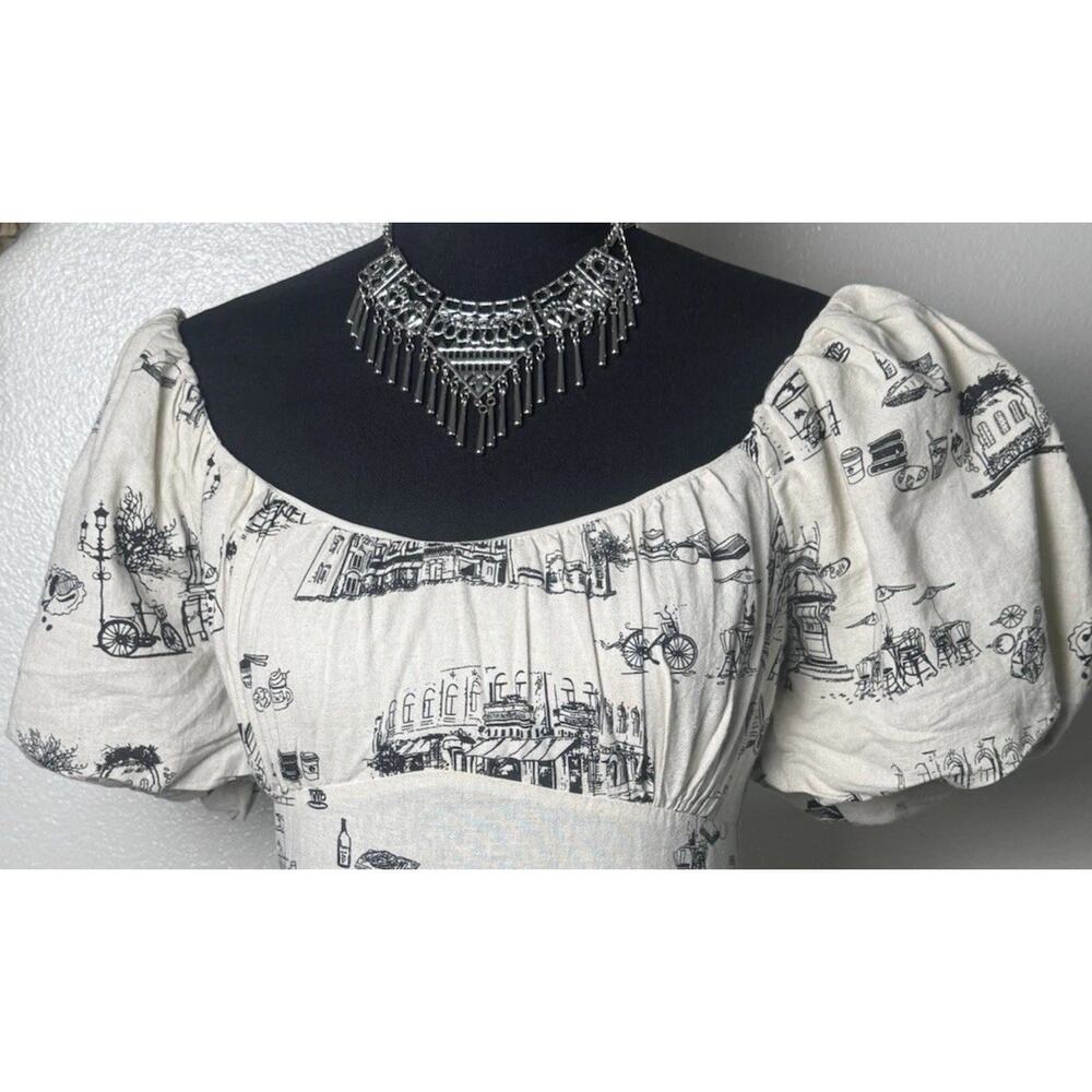 Paris Café Toile Print | Linen Blend | Puff Sleeve | Cottagecore | Midi Dress - Picture 6 of 7